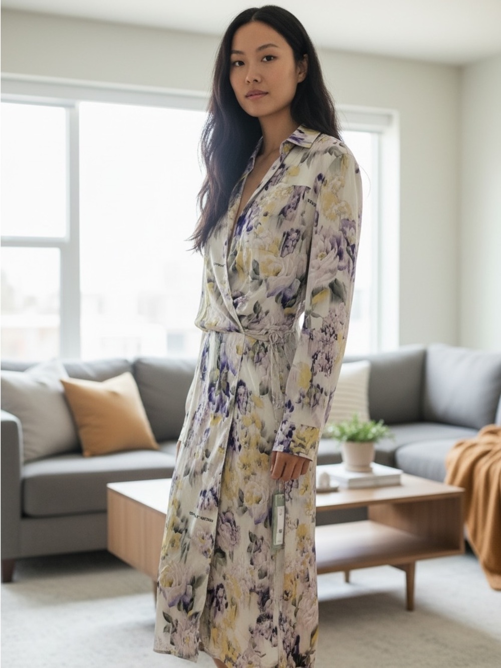 Off-White Satin Floral Maxi Dress in White, Yellow, Purple